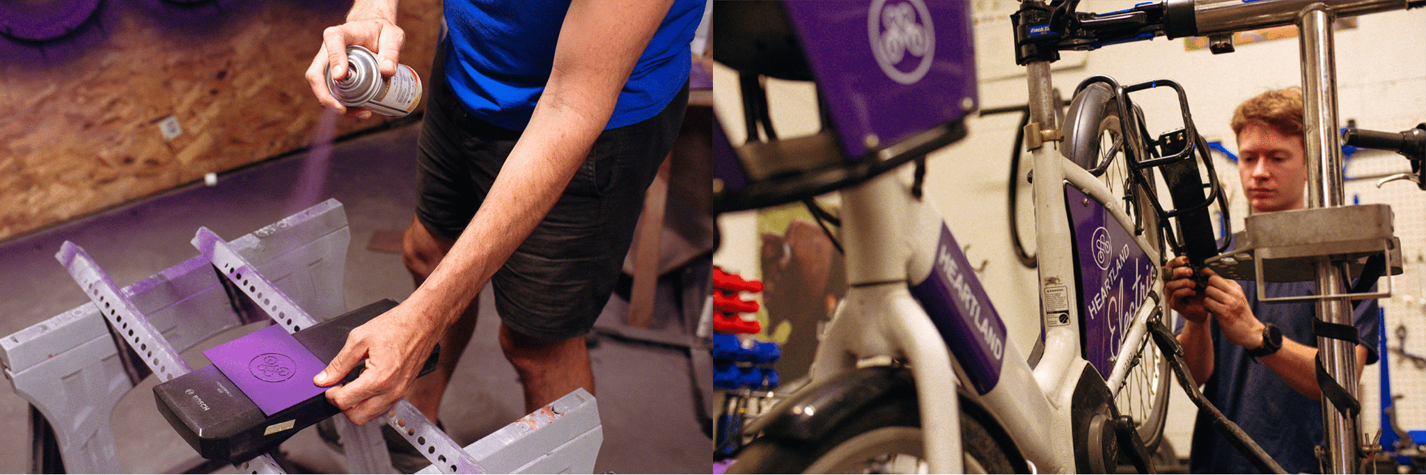 A man spray pants a purple heart/bike symbol on a electric bike battery with purple paint. A man works on a bike to his right.